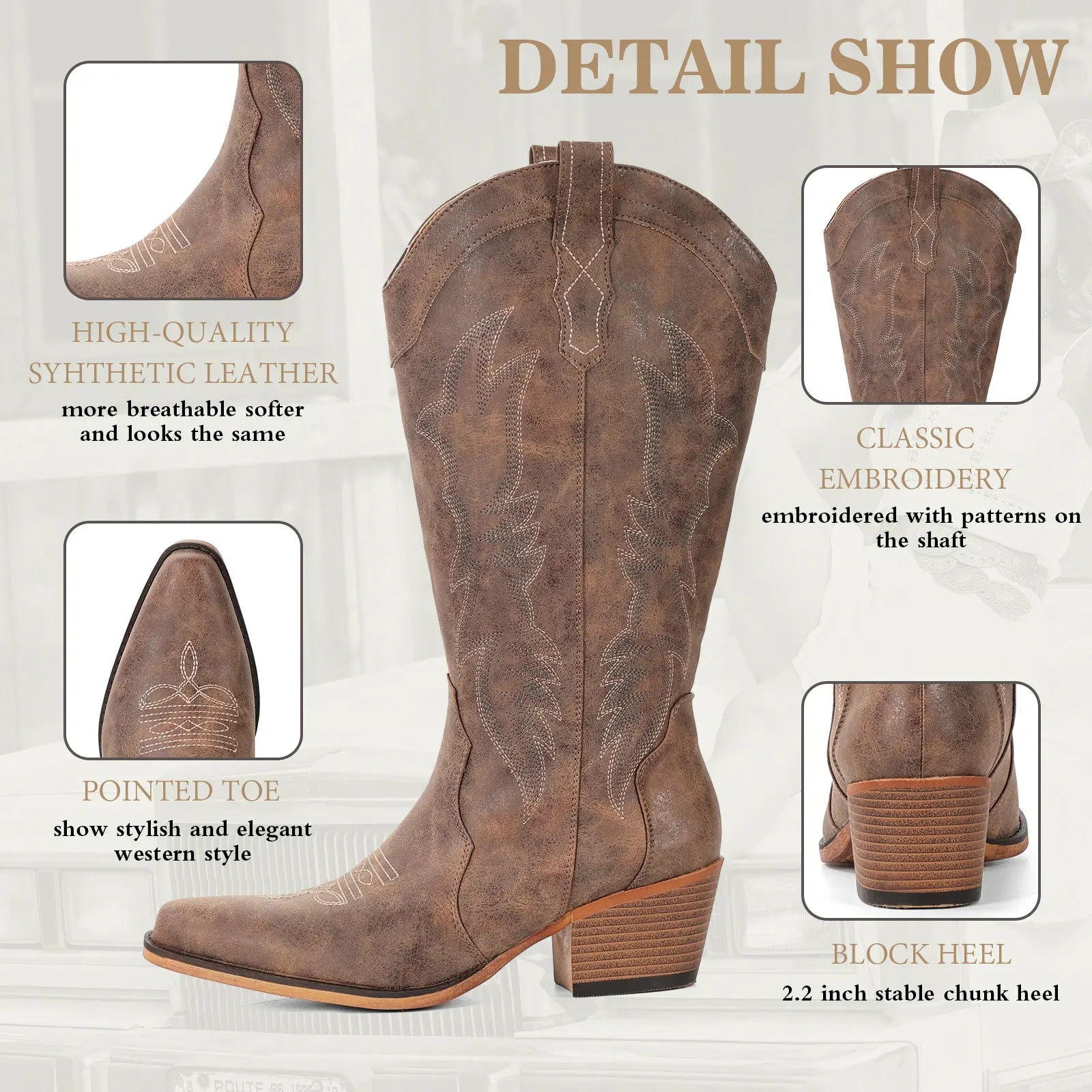 IUV Women'S Cowboy Boots – Cowgirl Western Boots, Western Retro Style Pointed Toe, Chunky Heel, Mid-Calf, Retro Embroidery. Perfect for Country Concerts, Dancing, Weddings, Travel & Daily Wear