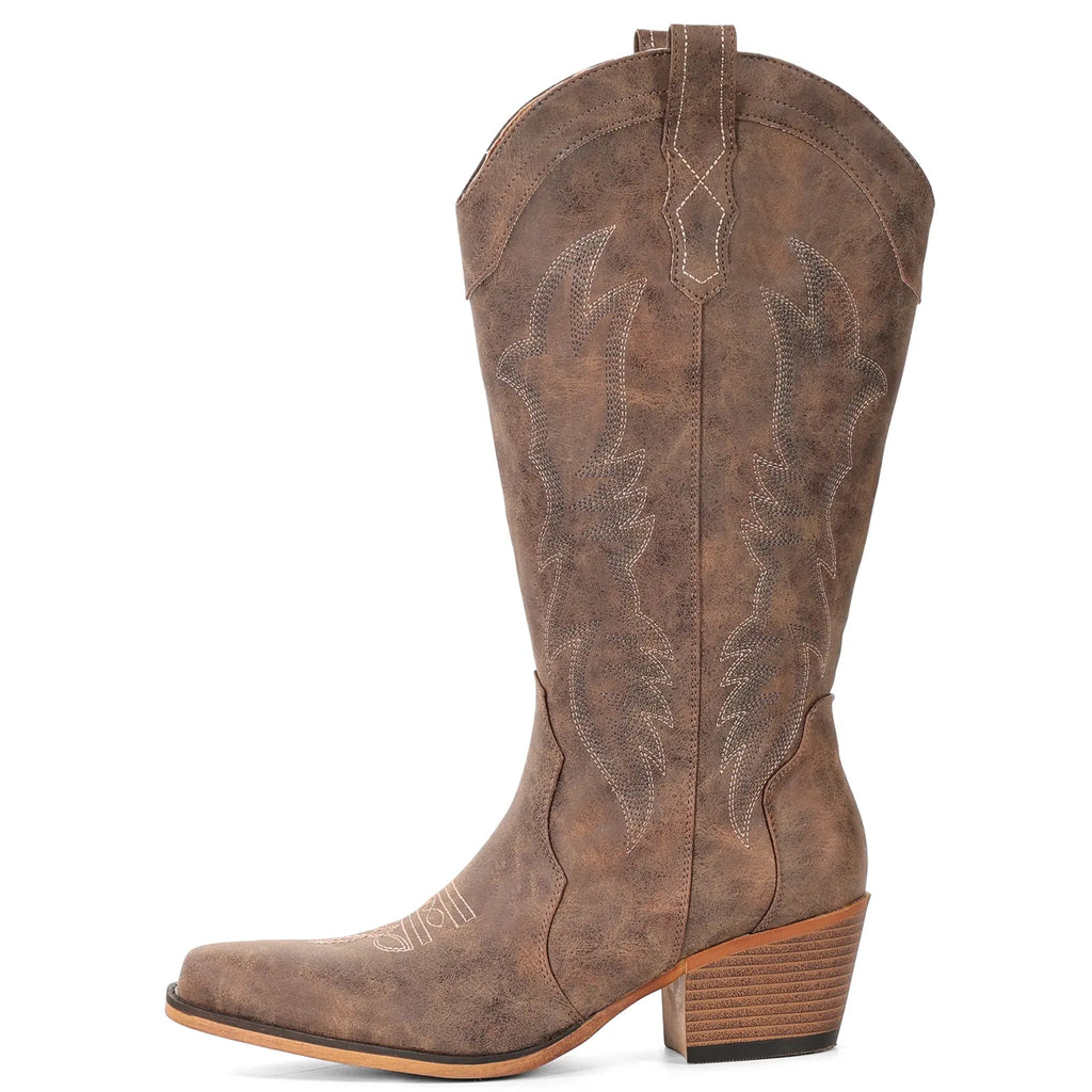 IUV Women'S Cowboy Boots – Cowgirl Western Boots, Western Retro Style Pointed Toe, Chunky Heel, Mid-Calf, Retro Embroidery. Perfect for Country Concerts, Dancing, Weddings, Travel & Daily Wear
