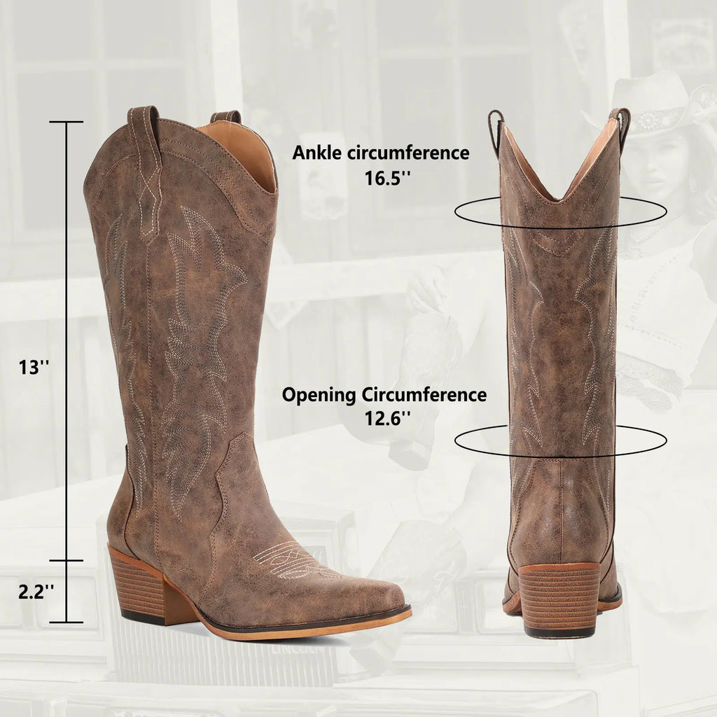 IUV Women'S Cowboy Boots – Cowgirl Western Boots, Western Retro Style Pointed Toe, Chunky Heel, Mid-Calf, Retro Embroidery. Perfect for Country Concerts, Dancing, Weddings, Travel & Daily Wear